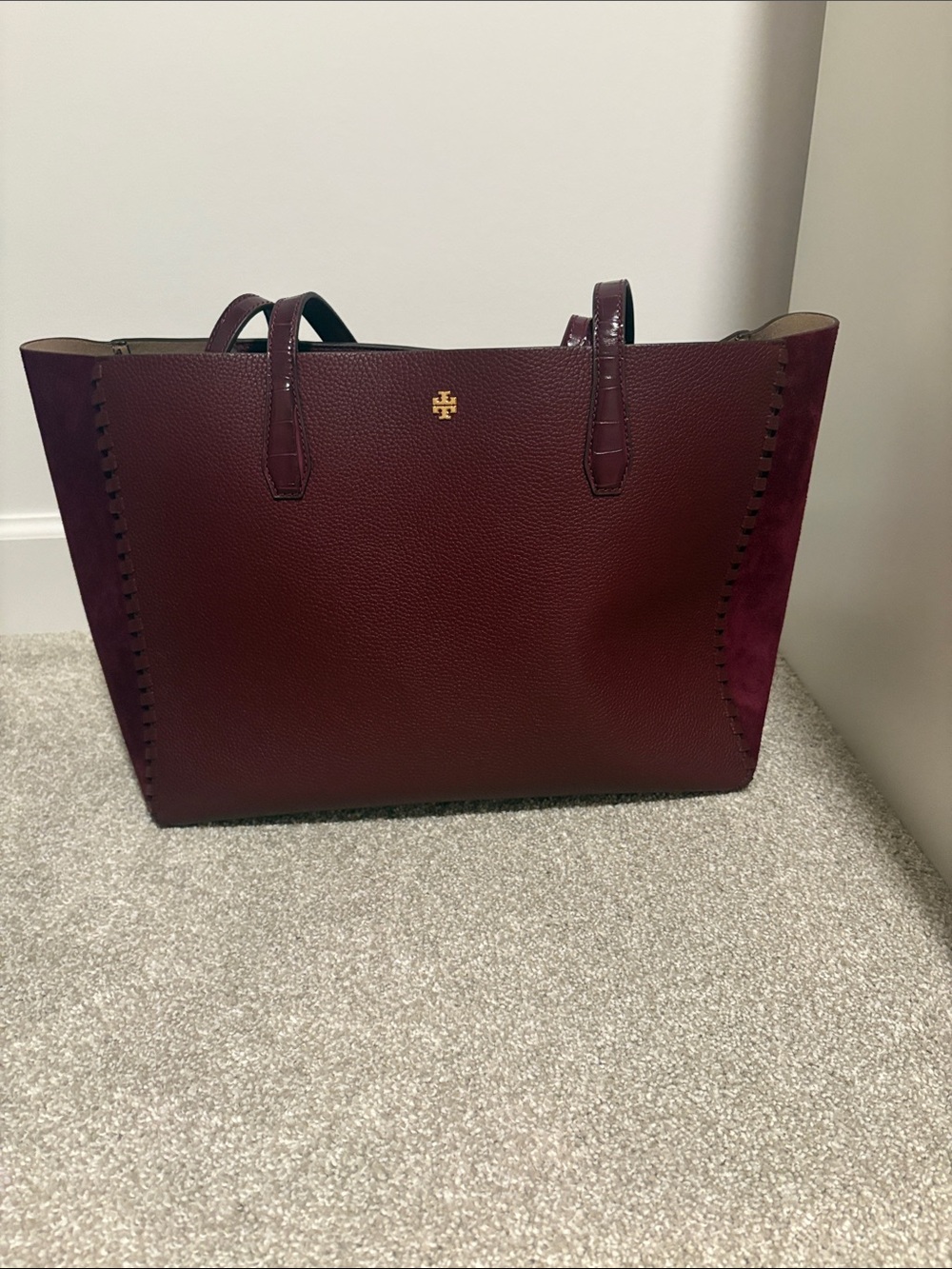 Tory Burch Burgundy Pebbled Leather Tote with Gold Logo